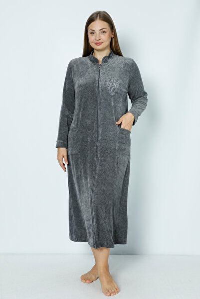 İntensive Women Gray Long Sleeve Zipper Embroidery Women's Plus Size Cotton Velvet Dress