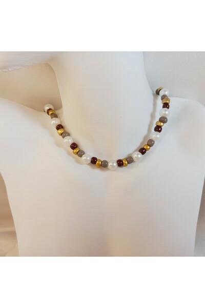 Crystal Atelier Sand Beaded Pearl Detailed Necklace-Brown Sand Beaded Pearl W...