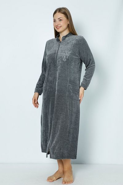 İntensive Women Gray Long Sleeve Zipper Embroidery Women's Plus Size Cotton Velvet Dress