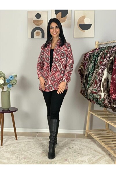 YusGos Women's Single Pocket Print Thick Lumberjack Jacket Shirt (Pink-Grey)