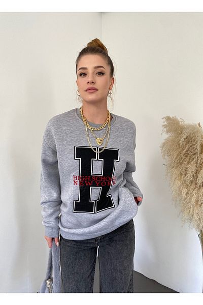Modamorfo Μπροστινό κέντημα Crew Neck Sweat Tunic -γκρι