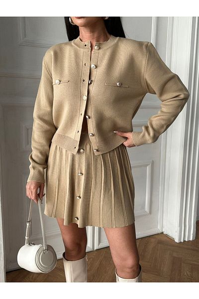 Gallogi Knitwear Cardigan and Pleated Skirt Set - Gold Button