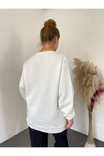 Modamorfo Sweatshirt-Tunika mit Rundhalsausschnitt und Stickerei vorne – weiß