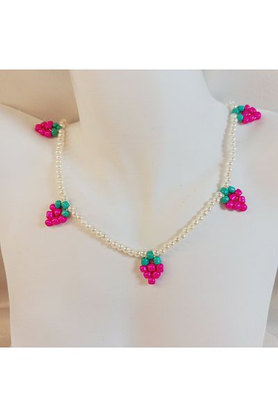 Crystal Atelier Strawberry Model Tiny Pearl Beaded Necklace-Strawberry Pearl Necklace-Strawberry Necklace-Gift Necklace-Handmade Necklace