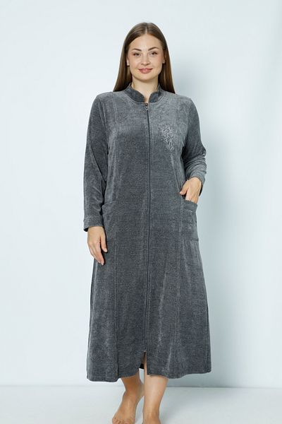 İntensive Women Gray Long Sleeve Zipper Embroidery Women's Plus Size Cotton Velvet Dress