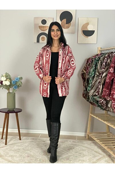 YusGos Women's Single Pocket Print Thick Lumberjack Jacket Shirt (Red-White)