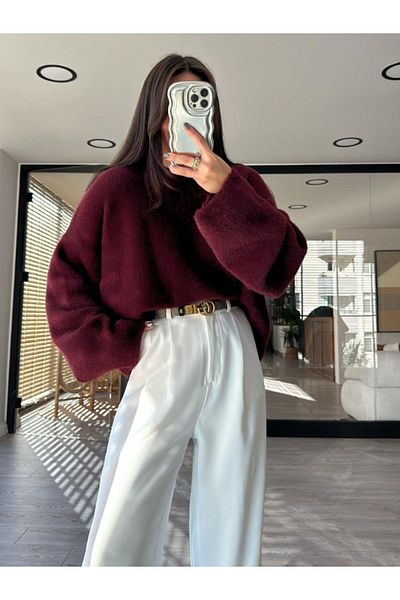 NATUFIAN STORE Women's Burgundy Bearded Soft Basic Knitwear Sweater