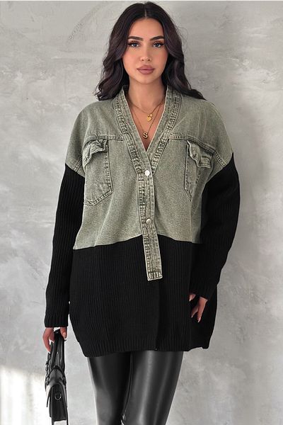 FEMELLE Tricotaj de damă, verde deschis, mărime standard, design detaliat, jachetă de blugi oversize