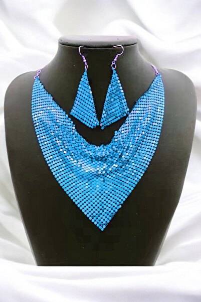 PETEK AKSESUAR Shal Model Armor Metal Design Necklace Earring Set