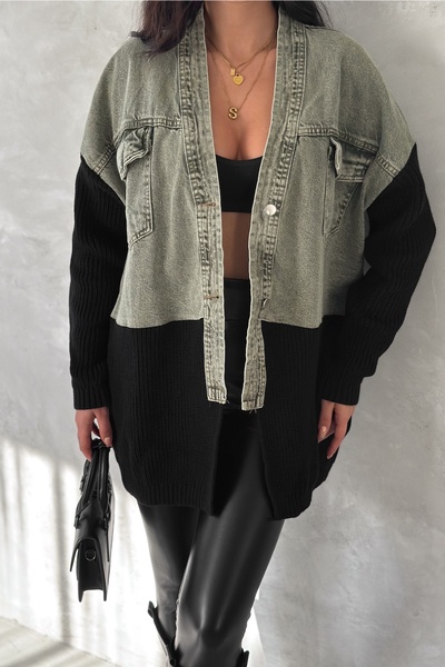 FEMELLE Жіноча світло-зелена трикотажна куртка стандартного розміру з детальним дизайном з джинсової тканини оверсайз