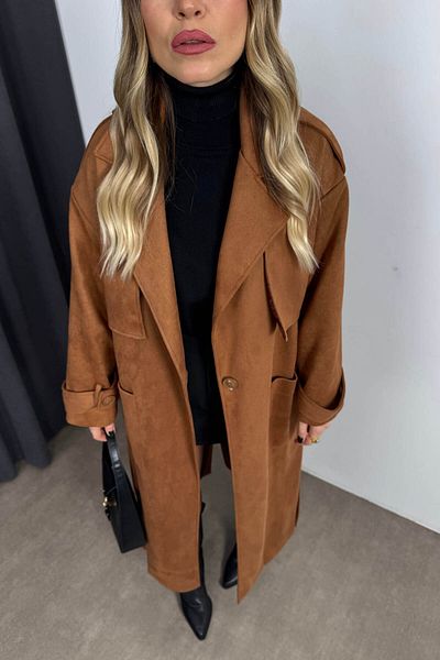 Sue Store Велурено палто с колан и кафяв еполет