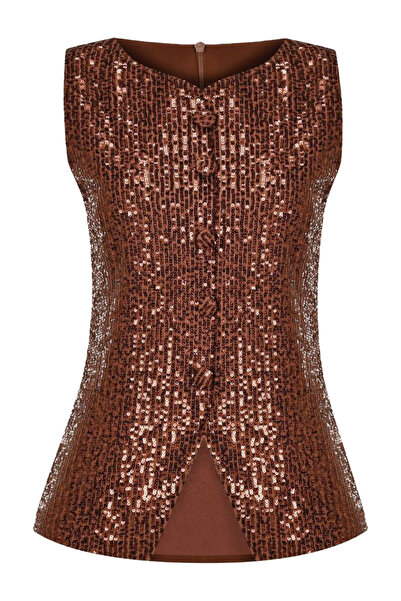 Whenever Company Kahverengi Payet Fit Önden Düğmeli Yelek