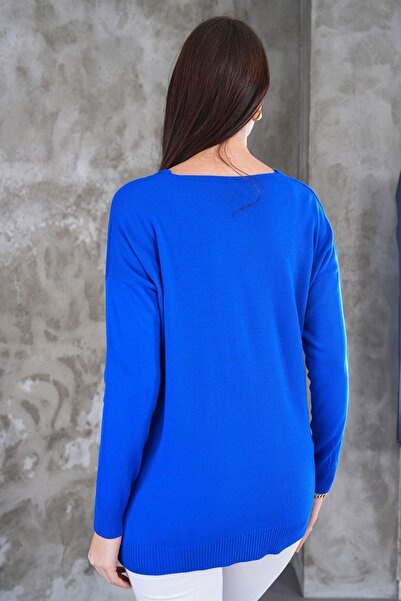 katalya Kadın V Yaka  yanı yırtmaclı önu kısa arkası uzun triko Kazak - Mavi