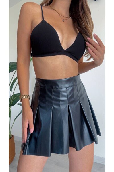 NSK BUTİK Suni Deri Pileli Mini Şort Etek