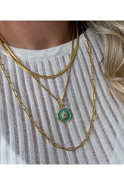 mibrillo Çelik 3 Lü Kolye ( Ataç Zincir Kolye , Italyan Zincir Kolye Ve Mavi ...