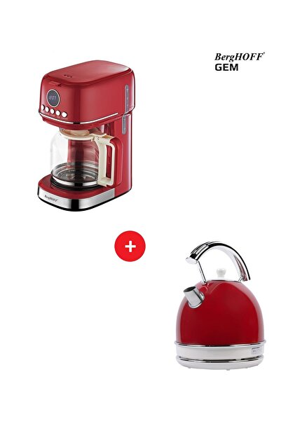 Berghoff RETRO Kırmızı Filtre Kahve Makinesi + Retro Su Isıtıcı Kettle Yuvarlak