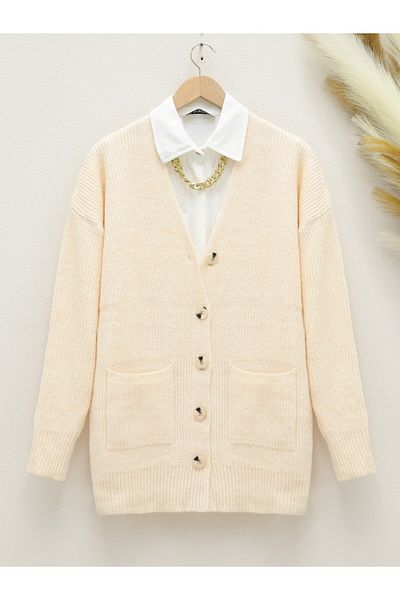 Modamorfo Knitwear Cardigan with Double Pockets and Buttons - Cream