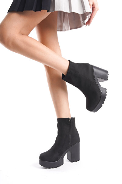 salto ayakkabı Dekolte Siyah Süet Platform Topuklu Bot