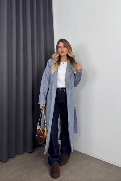 Sue Store Palton de lână cu curea căptușită cu picior de gală albastru gri