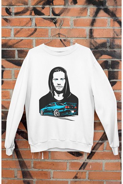 Fuddy Moda Φούτερ χωρίς κουκούλα με στάμπα Fast And Furious Paul Walker, Unisex Oversize Φούτερ με θέμα το αυτοκίνητο