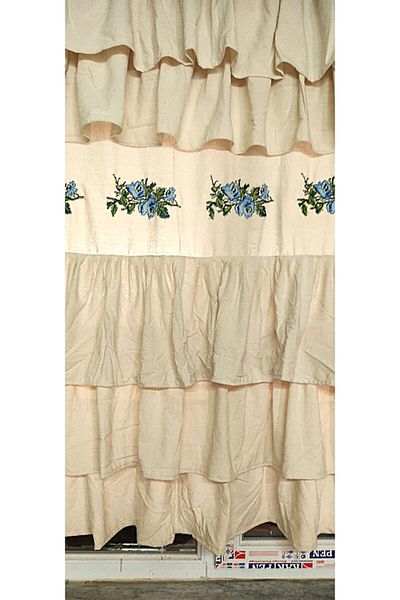 TUNCAY TEKSTİL Blue Linen Cotton Curtain - Stitched and Ruffled, Width X Length