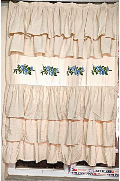 TUNCAY TEKSTİL Blue Linen Cotton Curtain - Stitched and Ruffled, Width X Length