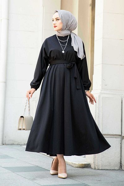 EBRUTESETTÜR Rochie Hijab - Talie cu centură, neagră 100MD-10528