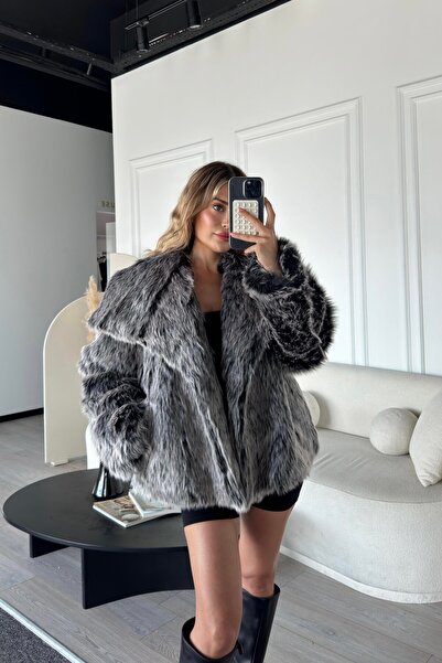 Senarce Krátký kožešinový kabát s měkkou texturou Oversize Grey Melange