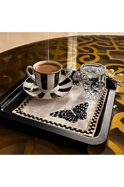 VENON 2 Black Butterfly Patterned Presentation Holders - Coffee Tea Presentation Tray with Accessories