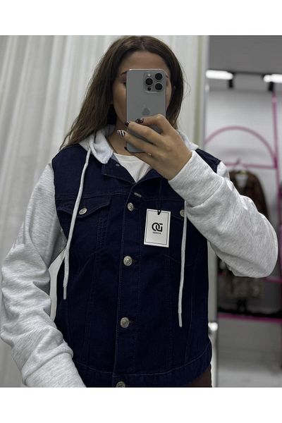 Daves Dark Blue Denim Jeans Jacket with Light Gray Sleeves