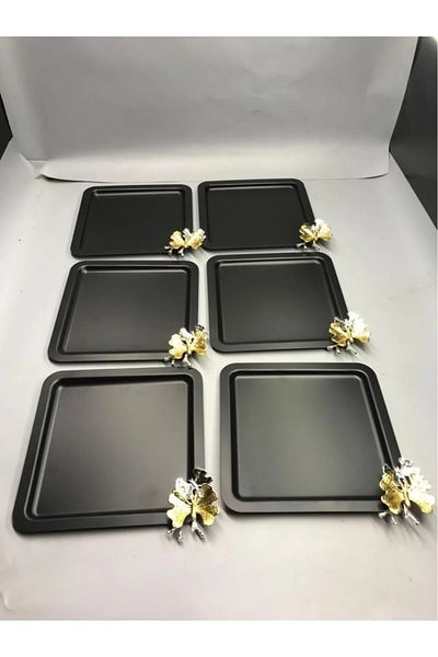 VENON 6 Pieces Black Butterfly Patterned Presentation Holder - Coffee Tea Presentation Tray with Accessories