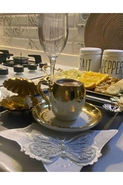 VENON 2 Black Butterfly Patterned Presentation Holders - Coffee Tea Presentation Tray with Accessories