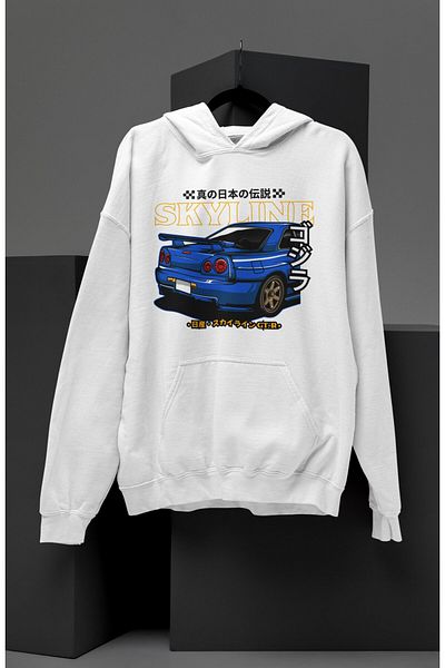 Fuddy Moda Hanorac oversize unisex cu imprimeu Skyline GT-R34 - Hanorac cu glugă, cu tematică auto