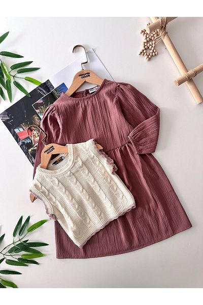 Minigimin Cicileri My Mini's Flowers Knitwear Suede Girls' Linen Dress - Dried Rose
