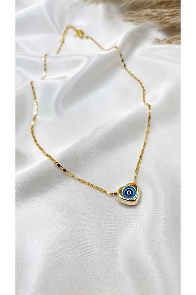 Eylülün Takısı Women's Gold Color Heart Evil Eye Bead Necklace