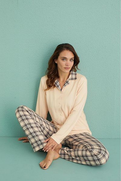 MEBA Women's Yellow Black Plaid Thermal Pajamas Set - Front Button, Gift and New Year's Dowry