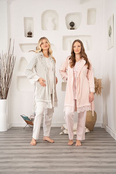 LOHOUSE Women's Gray Braided Velvet Striped Maternity Dressing Gown 3-Piece Pajamas Set