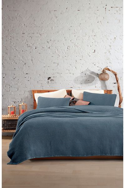 destinyhometex Royal Blue 100% Bumbac Waffle Cuvertură de pat simplă fără franjuri 160x240 Cm
