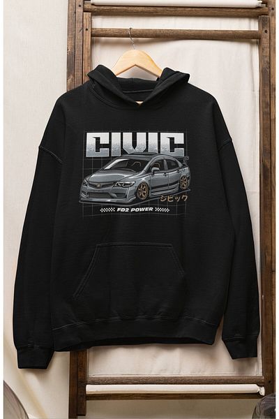 Fuddy Moda Civic Fd2 Power Printed Unisex Oversize Hooded Sweatshirt - Hondaa Car Themed Hoodie