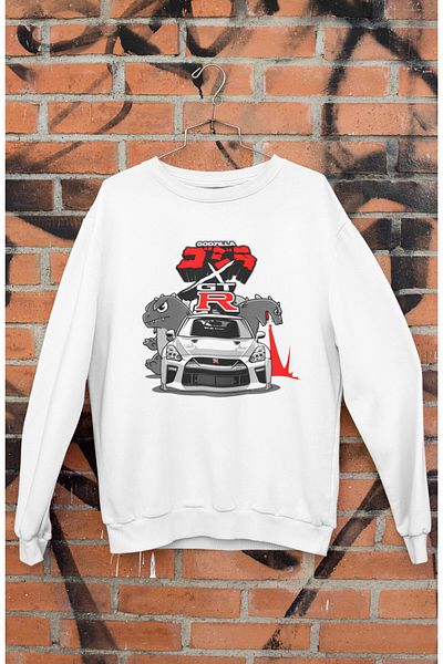 Fuddy Moda Hanorac fără glugă cu imprimeu Godzilla R35, hanorac unisex supradimensionat cu tematică pentru mașini