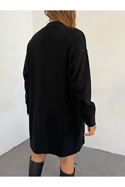 Modamorfo Ribbed Buttoned Long Knitwear Cardigan - Black