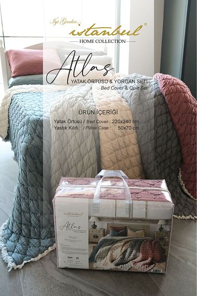 İyi Geceler İstanbul Atlas 100% Cotton Double Muslin Beddeck and Quilt Set