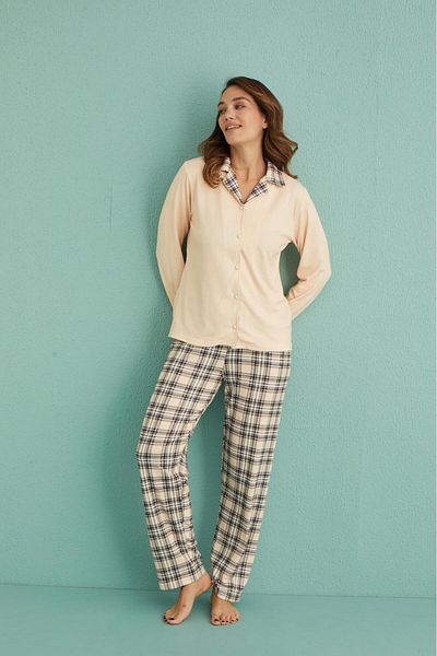 MEBA Women's Yellow Black Plaid Thermal Pajamas Set - Front Button, Gift and New Year's Dowry