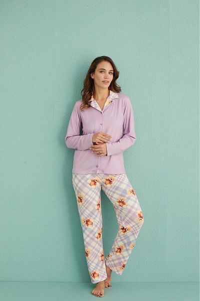 MEBA Set de pijamale termice pentru femei cu model ursuleț liliac - nasturi în față, cadou și zestre de Crăciun