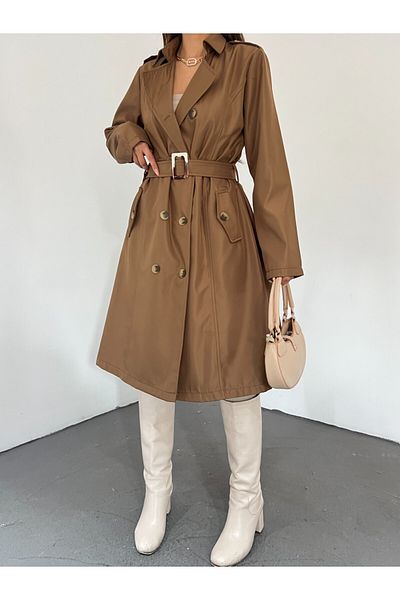 Modamorfo Trenchcoat mit Knopfverschluss vorne und Gürtel – Hellbraun