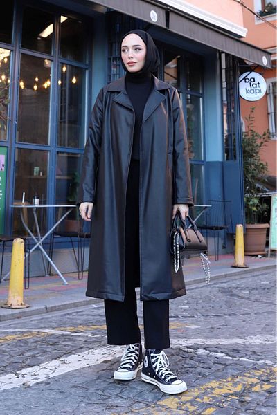 ALNİSS COLLECTİON Μακριά δερμάτινη καμπαρντίνα με επένδυση με ζώνη