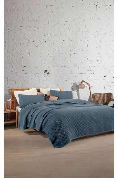 destinyhometex Royal Blue 100% bumbac Single 160x240cm Waffle Față de pat fără franjuri/1 bucăți 50x70cm pernă
