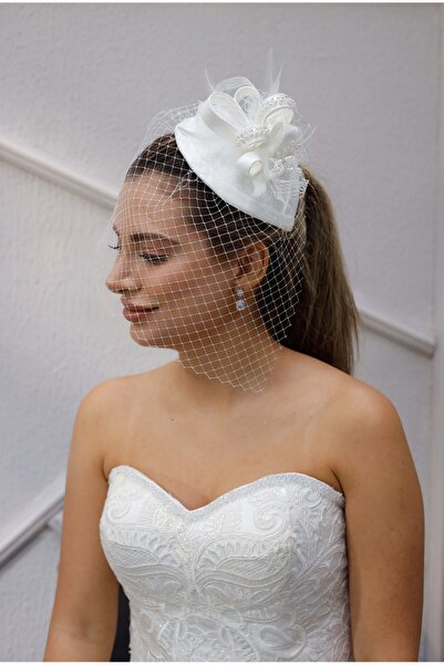 Turkuaz Gelin Kep / Gelin Vualet / Düğün Nikah İnci Tül Beyaz Şapka