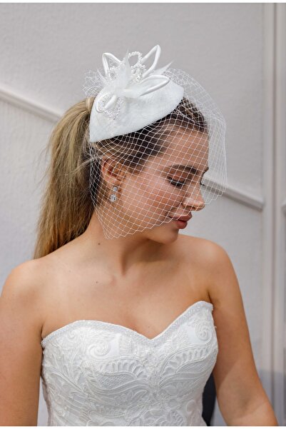 Turkuaz Gelin Kep / Gelin Vualet / Düğün Nikah İnci Tül Beyaz Şapka