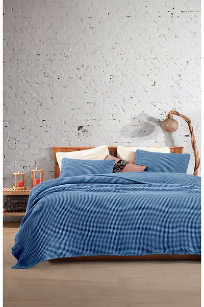 destinyhometex Albastru închis 100% bumbac Single 160x240cm Waffle Față de pat fără franjuri/1 bucată 50x70cm Pernă
